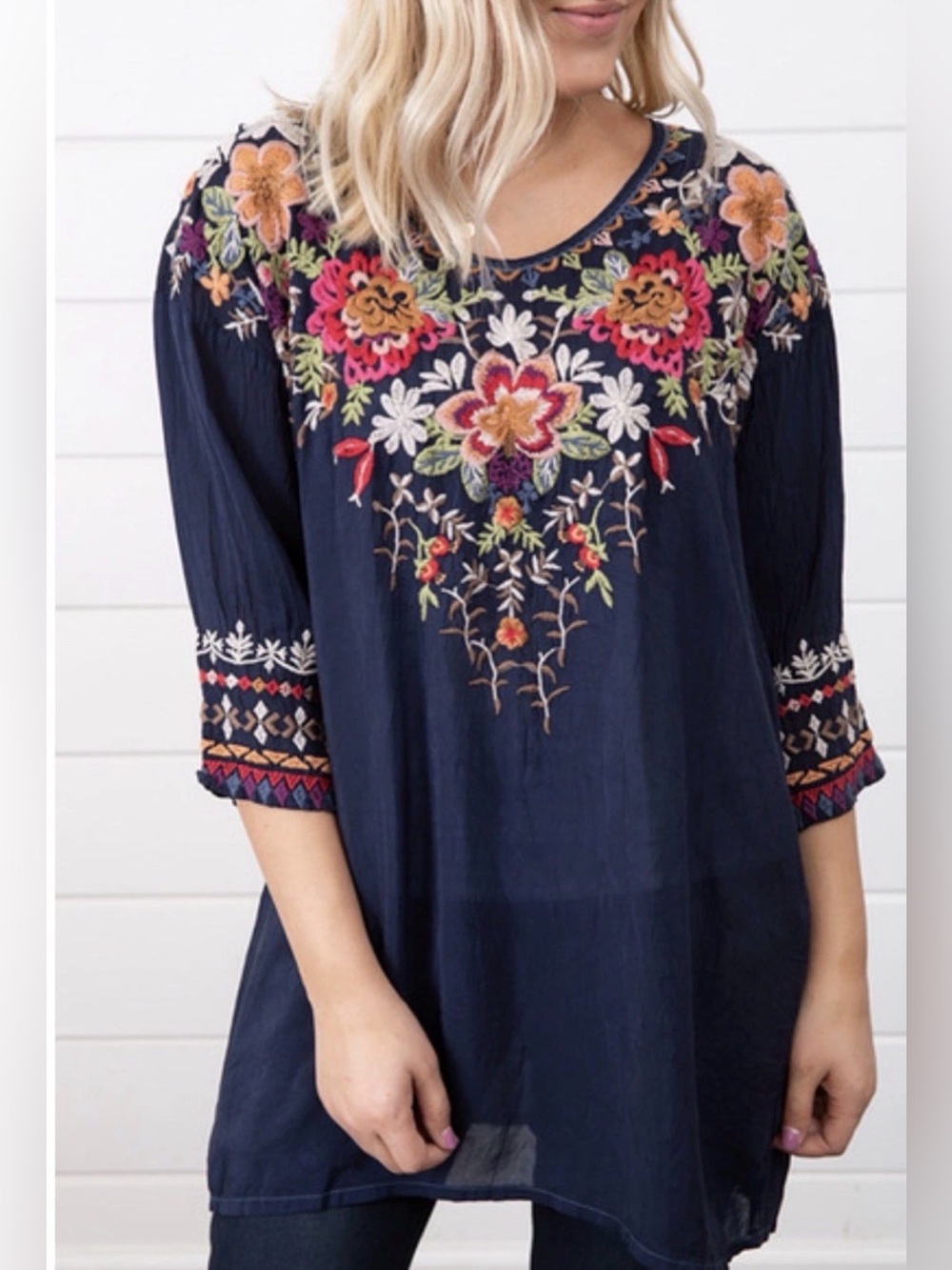 Johnny Was Shaylee Blouse Tunic Navy Embroidered XXL